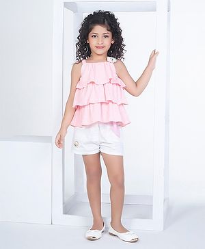 Peppermint Sleeveless Checked & Layered Top With Shorts - Peach