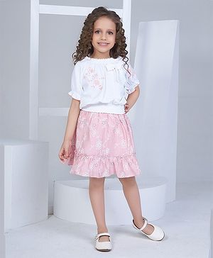 Peppermint Half Sleeves Floral Embroidered Top & Skirt Set - Peach