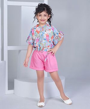 Peppermint Half Sleeves Abstract Printed Top & Solid Shorts Set - Multi Colour