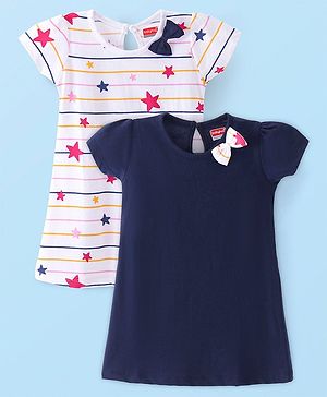 Babyhug Cotton Knit Half Sleeves Frock with Star Print & Bow Applique Pack of 2 - Multicolour