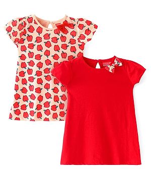 Babyhug Single Jersey Knit Half Sleeves Frock With Apple Print & Bow Applique Pack of 2- Peach & Red