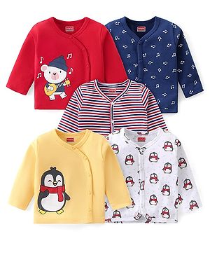 Babyhug 100% Cotton Knit Full Sleeves Antibacterial Jhablas with Bear Penguin & Striped Print Pack of 5 - Red Yellow & White