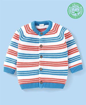 Babyhug Cotton Knitted Full Raglan Sleeves Front Open Striped Sweater - Blue