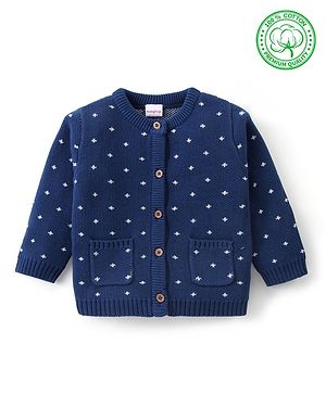 Babyhug Knitted Full Sleeves Front Open Design Sweater - Navy Blue