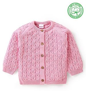 Babyhug Knitted Full Raglan Sleeves Front Open  Sweater with Cable Knit Design - Pink