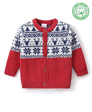 Babyhug Knitted Full Sleeves Front Open Sweater with Deer & Snowflake  Design - Red & Navy Blue