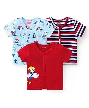 Babyhug 100% Interlock Cotton Knit Half Sleeves Front Open Antibacterial Vests with Stripes & Penguin Print Pack of 3 - Blue & Red