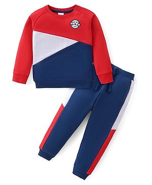 Babyhug Cotton Knit Full Sleeves Color Block T-Shirt & Lounge Pants Set With Football Applique - Red Navy & White