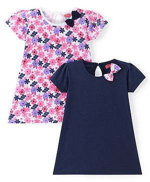 Babyhug Single Jersey Knit Half Sleeves Frocks With Floral Print & Bow Applique Pack of 2 - White & Navy Blue