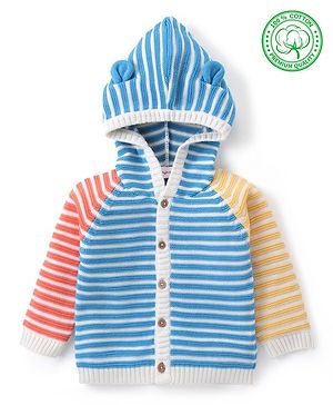 Babyhug Knitted Full Sleeves Front Open Hooded Striped Sweater - Multicolour