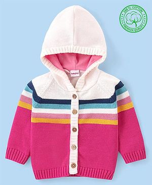 Babyhug Cotton Knit Full Raglan Sleeves Hooded Sweater With Colour Block Design - Pink
