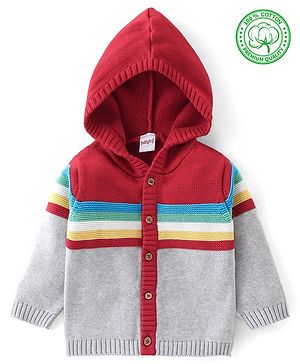 Babyhug Full Sleeves Front Open Hooded Sweater With Stripes & Colour block Design - Red & Grey