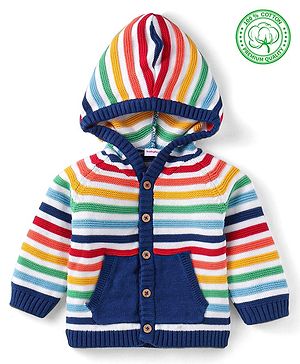 Babyhug Cotton Knitted Full Raglan Sleeves Front Open Hooded Sweater With Striped Design - Navy Blue