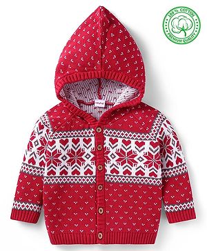 Babyhug Cotton Knitted Full Raglan Sleeves Front Open Hooded Sweater With Heart Design - Red