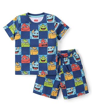 Babyhug Single Jersey Half Sleeves T-Shirt & Shorts Set Monster Print - Navy Blue