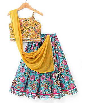 Babyhug Cambric Woven Sleeveless Choli Lehenga Set with Mirror Work & Dupatta - Blue