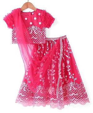 Babyhug Woven Half Sleeves Choli & Lehenga Set with Dupatta Floral Embroidery Sequin & Frill Detailing - Fuschia