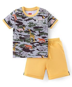 Babyhug Cotton Knit Half Sleeves T-Shirt & Shorts Set With Animals Print - Multicolor