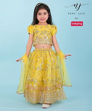 Babyhug Woven Half Sleeves Floral Sequined Choli & Lehenga Set with Dupatta - Yellow