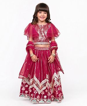 Babyhug Woven Short Sleeve Sequined Choli With Floral Embroidered Lehenga and  Net Dupatta - Fuchsia