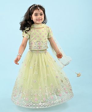 Babyhug Woven Half Sleeves Choli Lehenga & Dupatta Set with Floral Embroidery - Yellow