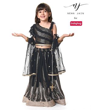 Babyhug  Sleeveless Sequenced Corddori   Embroidered Choli Lehenga & Frill Net Dupatta Set- Black