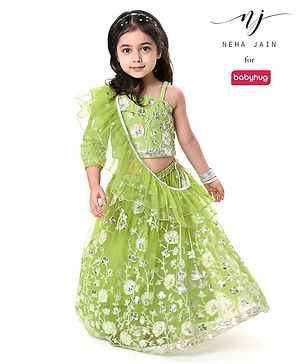 Babyhug Woven One Shoulder  Sleeves Sequenced Floral Embroidered Lehenga Choli Set with Frill Net Dupatta - Green