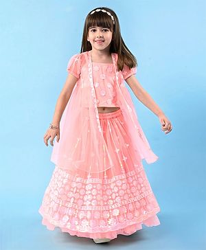 Babyhug Woven Singlet Choli With Sequenced Embroidered Lehenga & Short Sleeves Shrug - Hot Pink