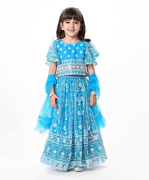 Babyhug Woven Half Sleeve Sequined Choli With Floral Embroidered Lehenga and Frill Net Dupatta - Blue