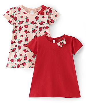Babyhug Single Jersey Knit Half Sleeves Frocks With Floral Print & Bow Applique Pack of 2 - Light Pink & Red