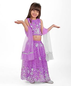 Babyhug Woven Sleeveless Sequenced Embroidered Side Wrap Choli   Lehenga with Frill Net Dupatta Set - Purple