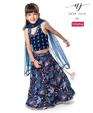 Babyhug Woven Sleeveless Velvet Floral Embroidered Halter Neck Choli with Lehenga and Net Dupatta Set - Teal Blue