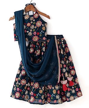 Babyhug  Sleeveless Floral Embroidered Choli With Lehenga & Net Dupatta Set - Teal