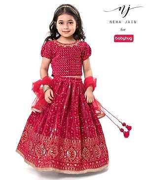 Babyhug Half Sleeves Sequined Embroidered Choli & Lehenga Set with Dupatta - Red