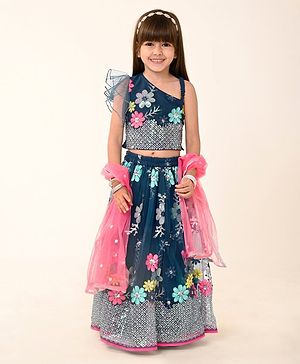 Babyhug  Sleeveless Sequenced   Embroidered Choli Lehenga & Frill Net Dupatta Set- Teal