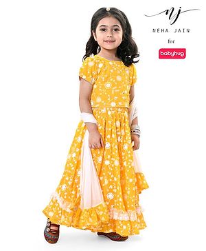 Babyhug Pufffed Sleeves Georgette Choli Lehenga & Frilled Dupatta Set Floral Embroidered -Yellow