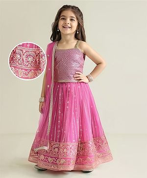 Babyhug Woven Singlet Sleeves Sequined Choli & Lehenga Set with Dupatta with Lace Detailing  - Pink