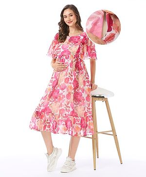 Bella Mama Woven Flutter Sleeves Maternity Dress Floral Print - Pink