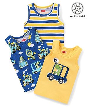 Babyhug 100% Cotton Knit Sleeveless Antibacterial Sandos Striped & Crocodile Print Pack of 3 - Multicolour