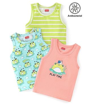 Babyhug 100% Cotton Knit Sleeveless  Antibacterial Sando  with Striped & Frog Print  Pack of 3 - Multicolour