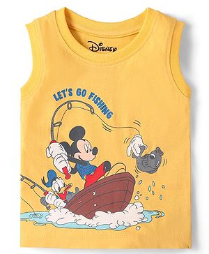 Babyhug Disney Cotton Knit Sleeveless T-Shirt with Mickey Mouse Graphics - Yellow