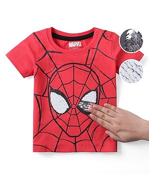 Babyhug Marvel Cotton Knit Half Sleeves T-Shirt with Spiderman Graphics & Reversible Sequins- Red
