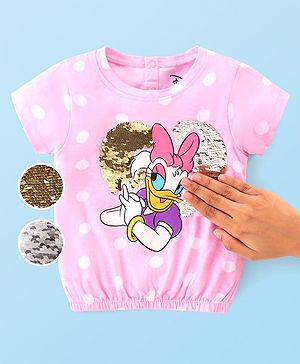 Babyhug Disney  Half Sleeves Top with Minnie Mouse Graphics & Reversible Sequins Detailing - Pink