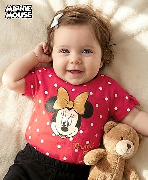 Babyhug Disney Cotton Knit Half Sleeves Top With Minnie Mouse Graphics & Bow Applique - Red