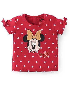 Babyhug Disney Cotton Knit Half Sleeves Top With Minnie Mouse Graphics & Bow Applique - Red