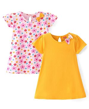 Babyhug Single Jersey Knit Half Sleeves Frocks With Floral Print & Bow Applique Pack Of 2 - Multicolor
