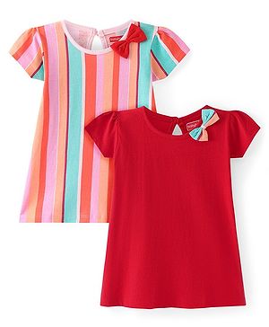 Babyhug Cotton Knit Half Sleeves Striped Frock with Bow Applique Pack of 2 - Multicolour
