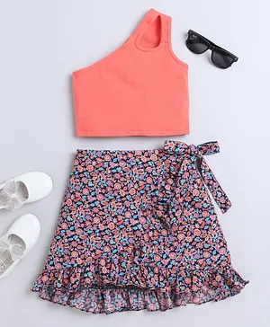 Taffykids One Shoulder Solid Top With Floral Printed Cotton Skirt Set - Orange & Multi Colour