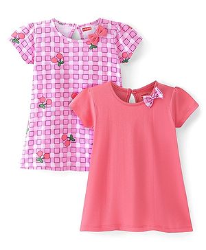 Babyhug Single Jersey Knit Half Sleeves Frocks With Cheery Print & Bow Applique Pack of 2- Pink
