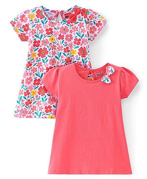 Babyhug Single Jersey Knit Half Sleeves Frock With Floral Print & Bow Applique Pack of 2 - Multicolor